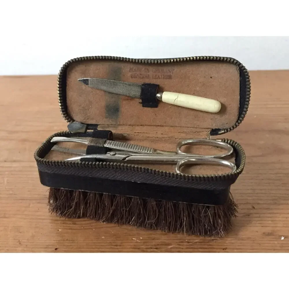 Vintage Western Germany Travel Hair Brush Manicure Set Leather Zip Dopp Kit